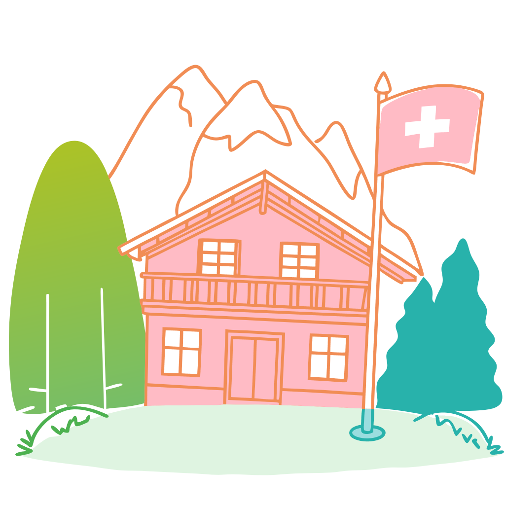 Chalet suisse arborant un drapeau, symbole de l'authenticité et de l'excellence de notre boutique de thé en vrac.