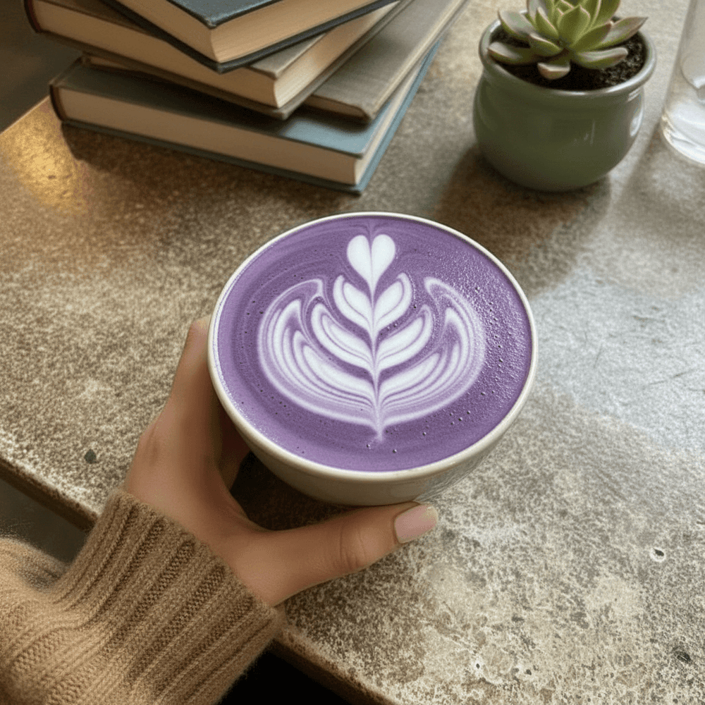 Ube latte fraise chaud, boisson violette fruitée et réconfortante.