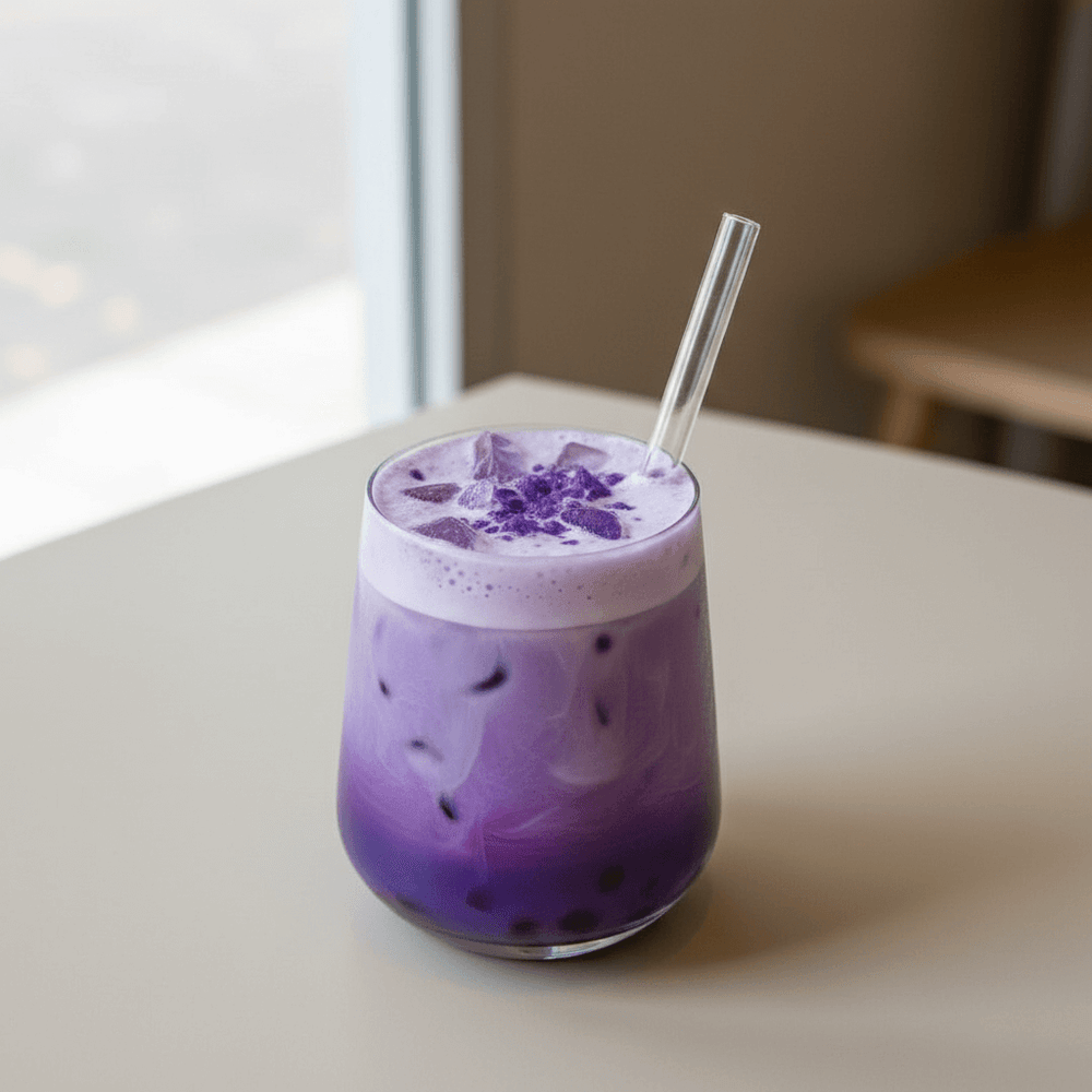 Ube latte glacé dans un verre transparent, boisson violette crémeuse Keia Tea.