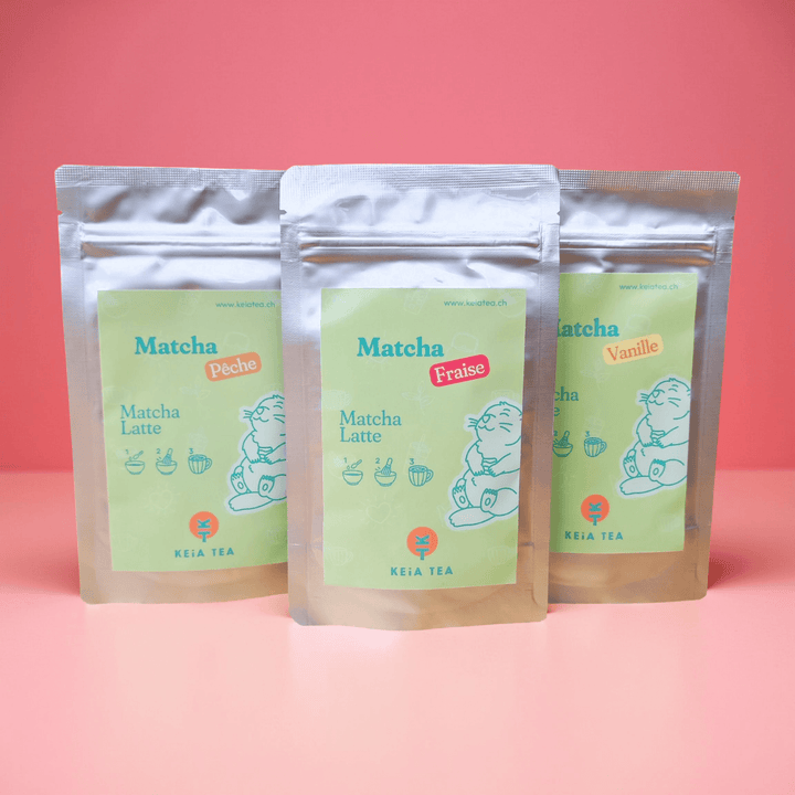 Pack de matcha latte aromatisés par keia tea à la pêche, fraise et vanille